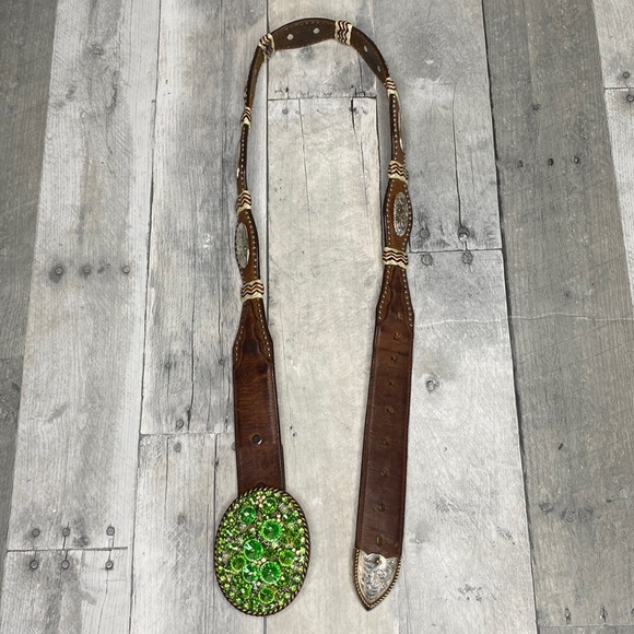 Green Rinestone Y2K Vintage Swarovski Crystal Western Leather Belt Size 36 - Picture 10 of 13